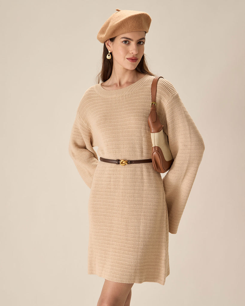 Beige Drop Shoulder Sweater Mini Dress