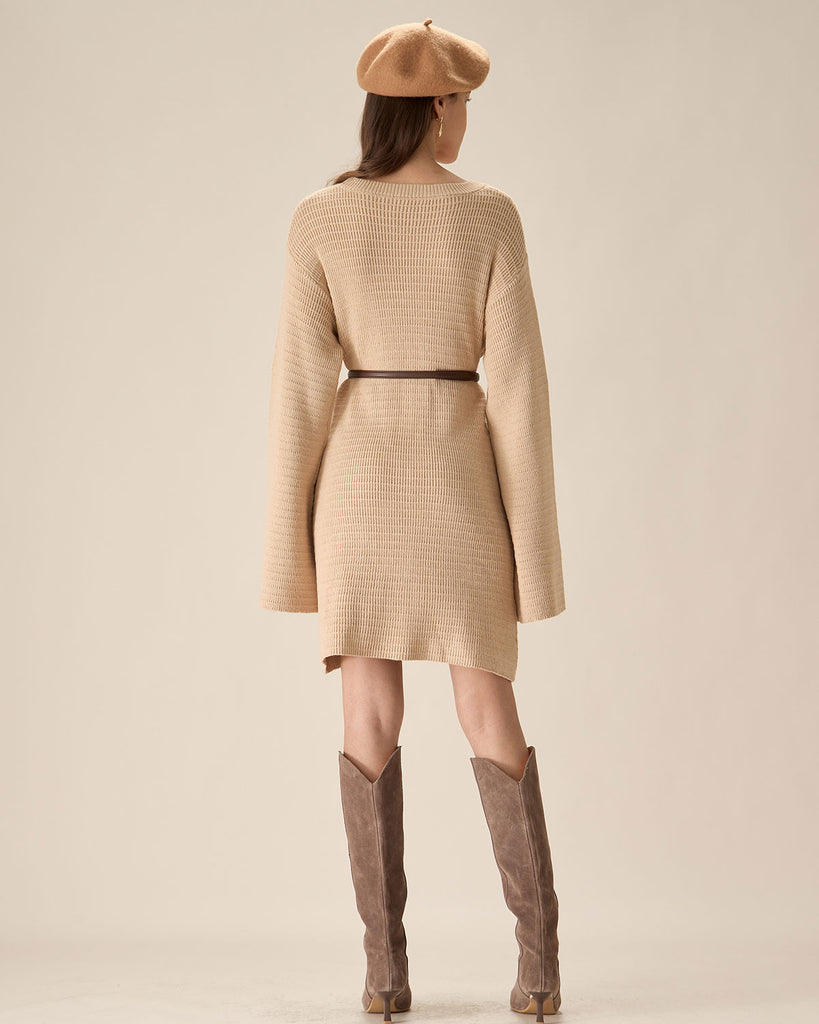 Beige Drop Shoulder Sweater Mini Dress