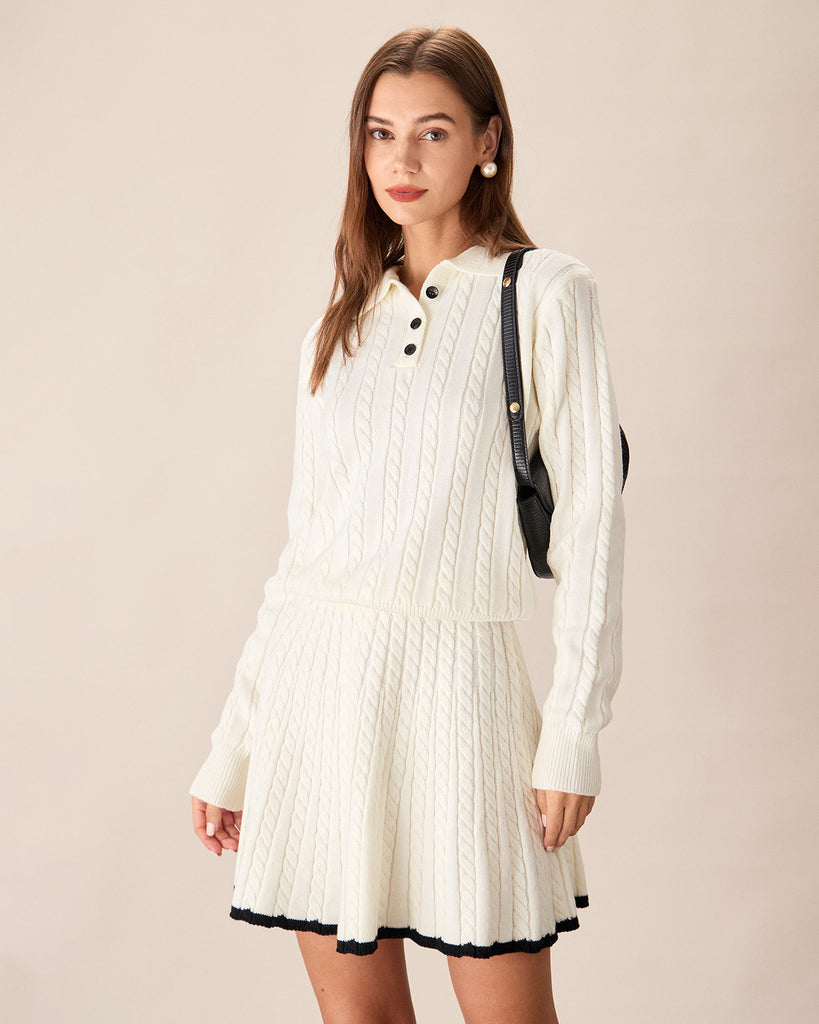 White Contrasting Button Sweater