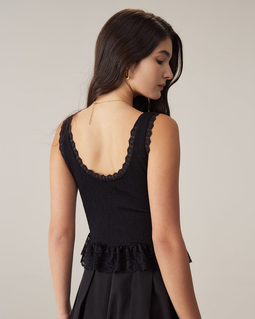 Black Textured U Neck Lace Tank