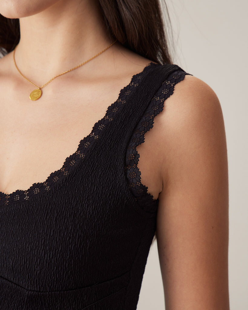 Black Textured U Neck Lace Tank