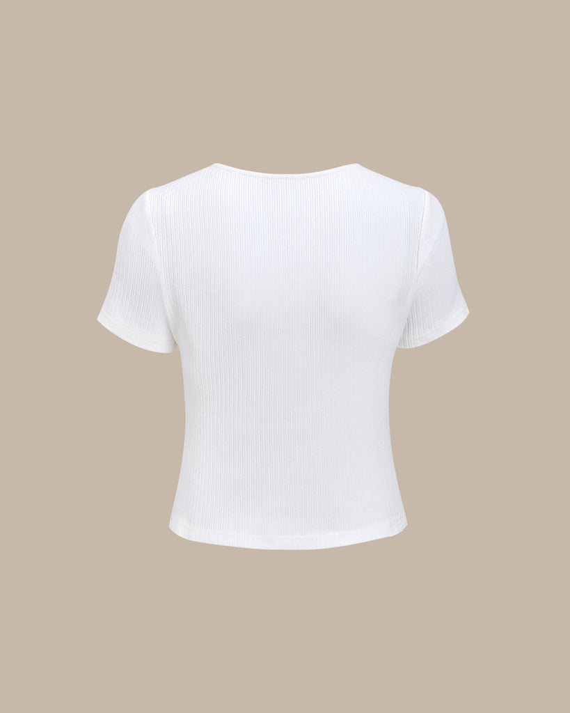 White Square Neck Ribbed Knit Tee