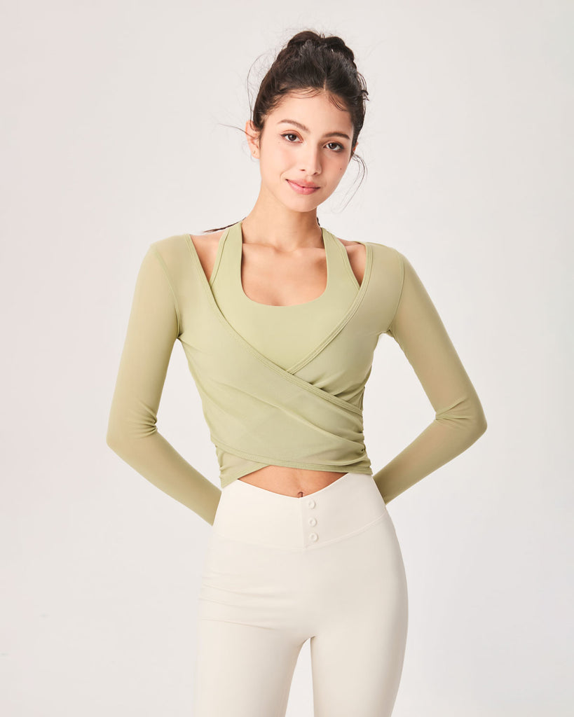 Green Surplice Long Sleeve Tops