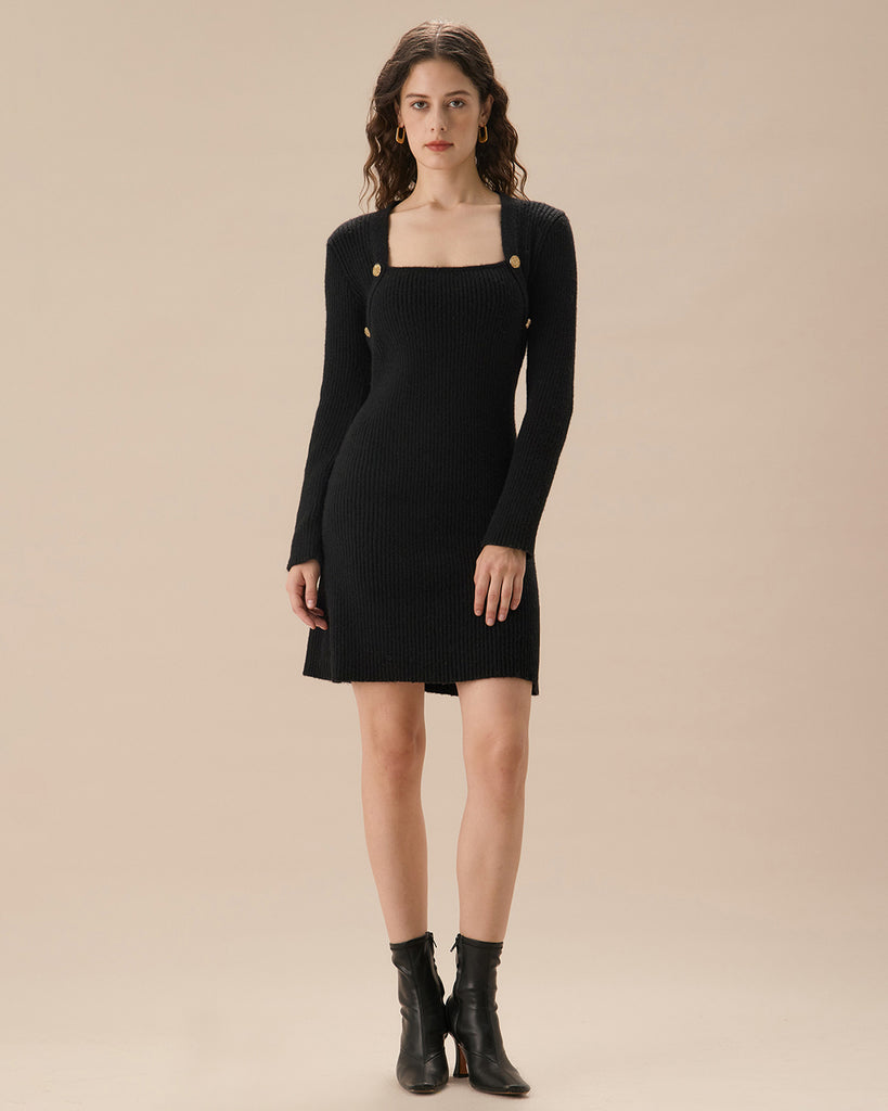 Black Square Neck Button Sweater Dress