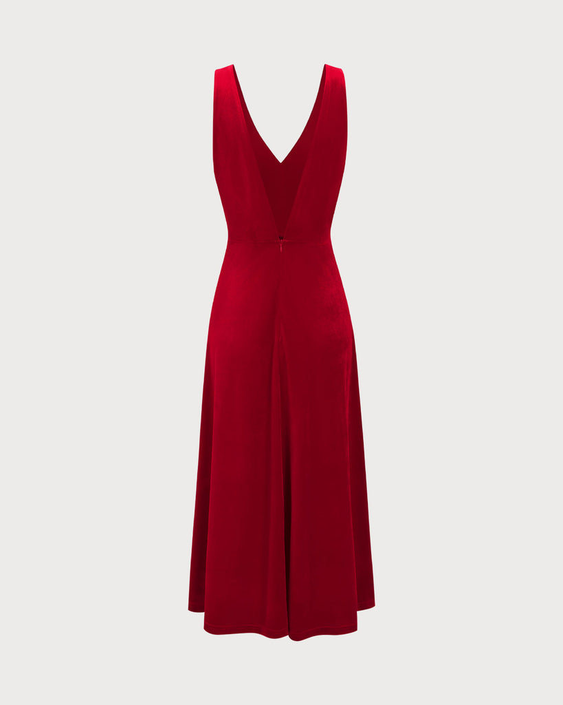 Women's Red Velvet V Neck Backless Midi Dress