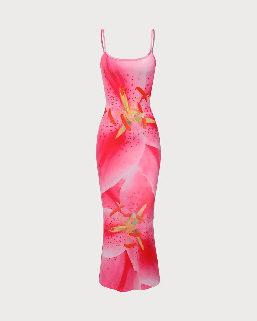 Pink Floral U Neck Bodycon Maxi Dress