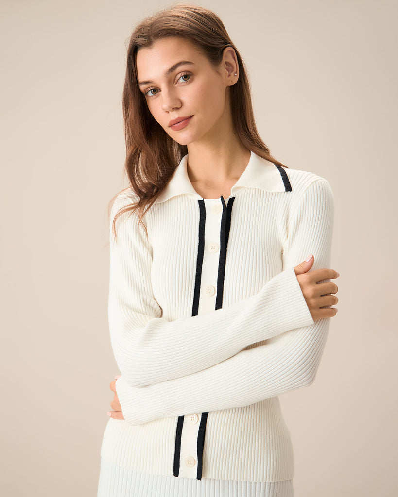 Women's Beige Contrasting Single-Breasted Cardigan