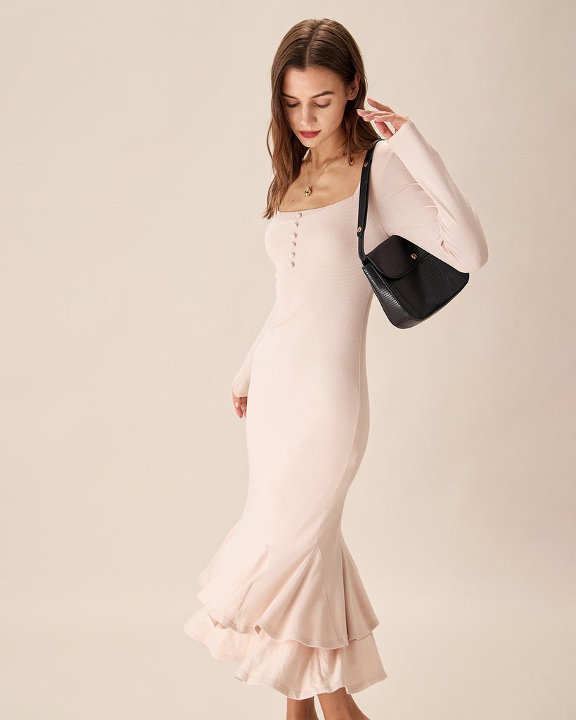 Apricot Square Neck Mermaid Midi Dress