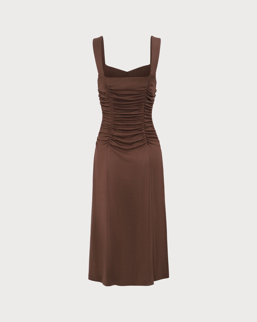 Women's Coffee Ruched Knitted Slip Midi Dress