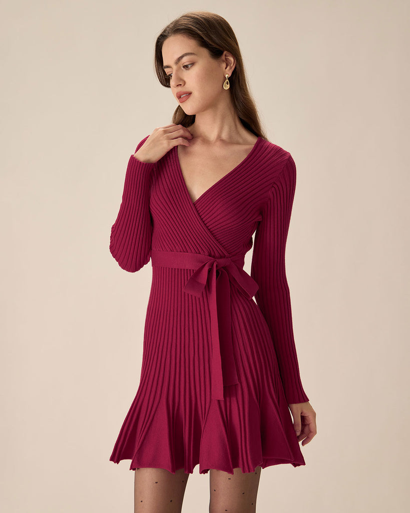 Wine Red Wrap Sweater Mini Dress