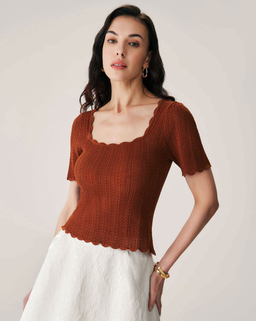 Brown Square Neck Scalloped Knit Tee