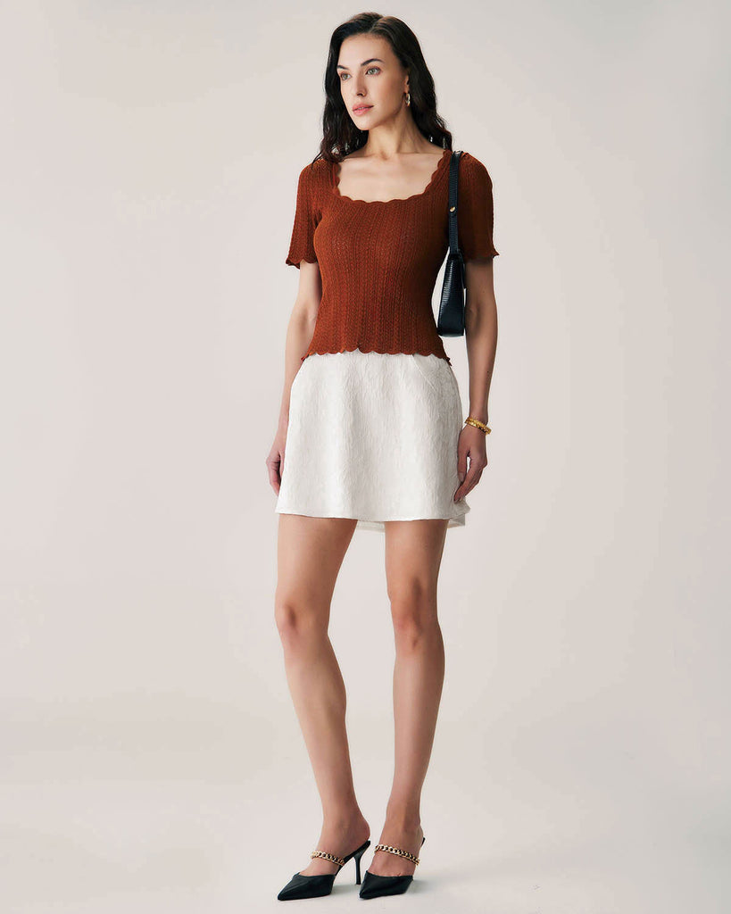 Brown Square Neck Scalloped Knit Tee