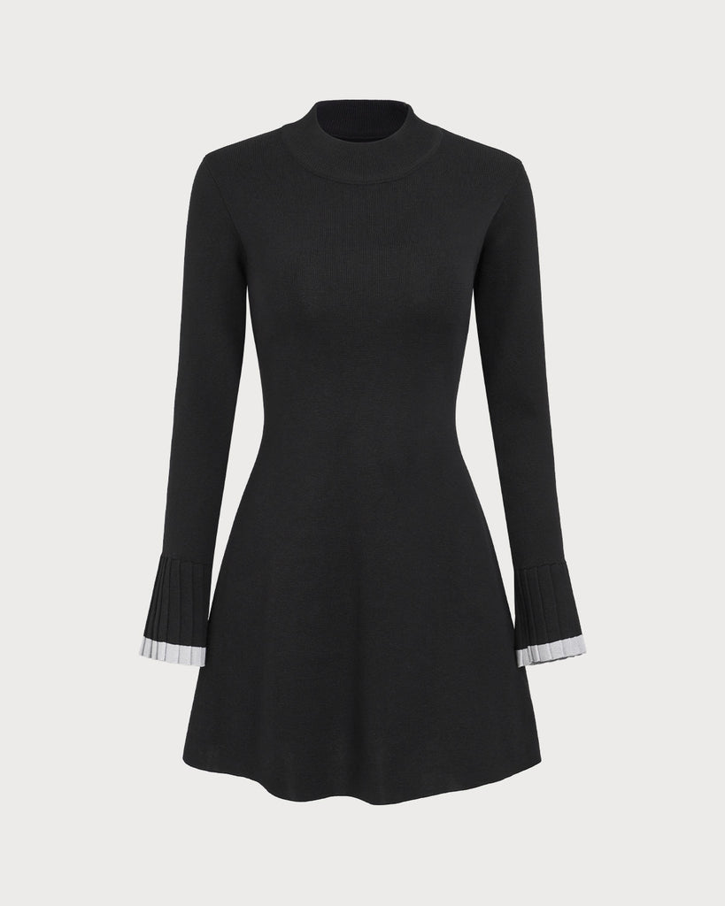 Women's Black Contrasting Long Sleeve Sweater Mini Dress