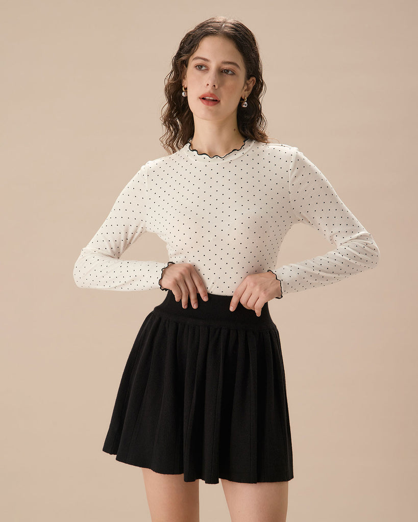 Women's White Mock Neck Polka Dot Tee