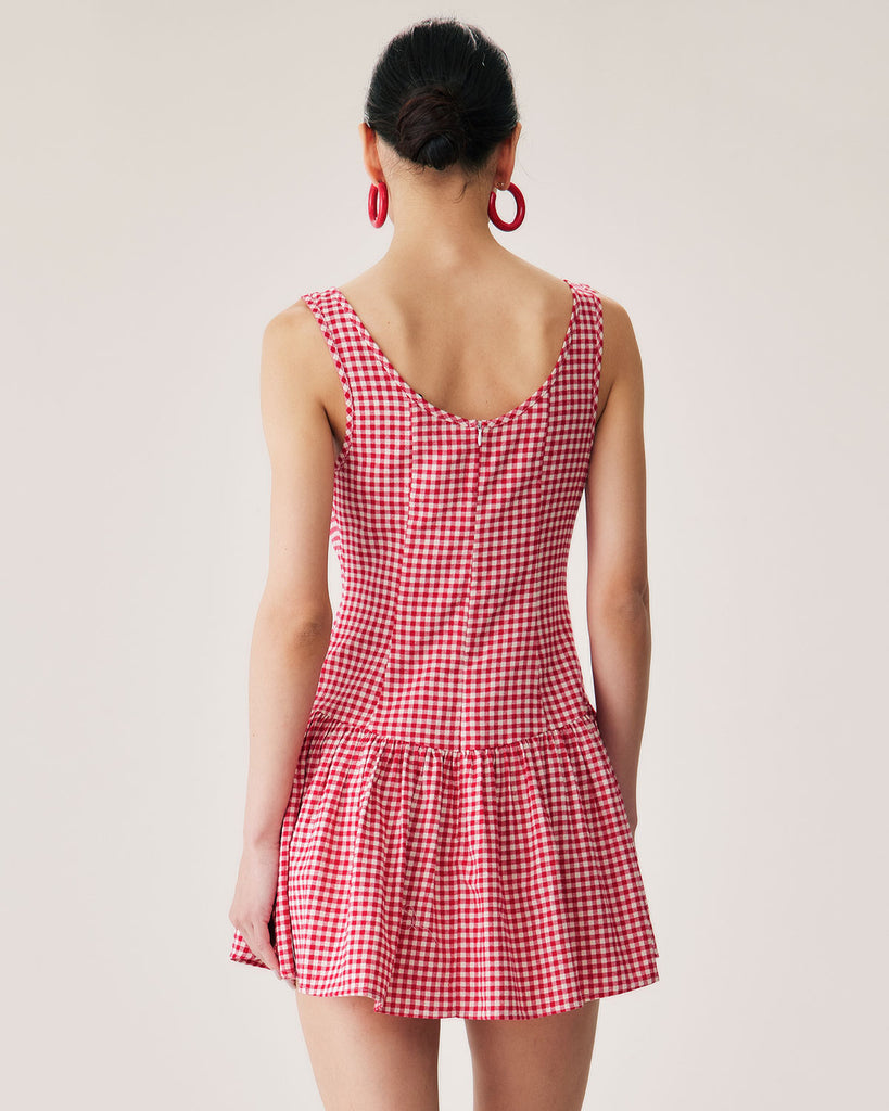 Red Plaid Boat Neck Mini Dress