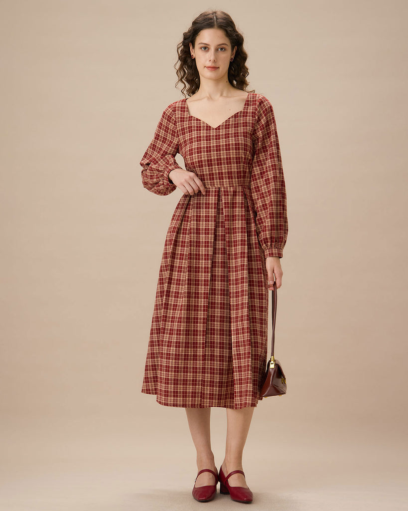 Red Sweetheart Neck Plaid Midi Dress