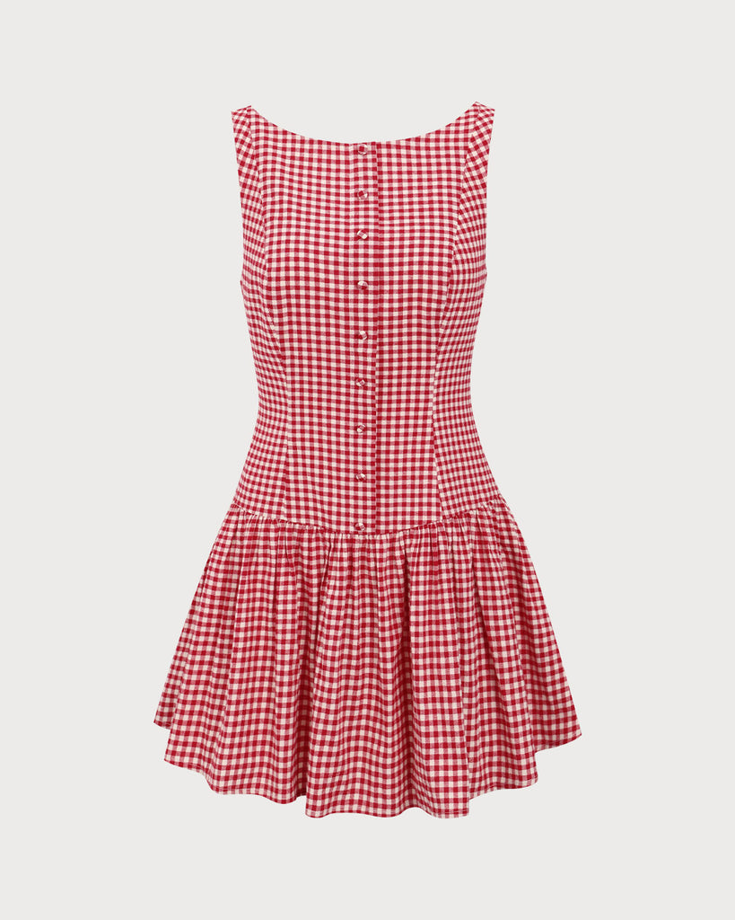 Red Plaid Boat Neck Mini Dress