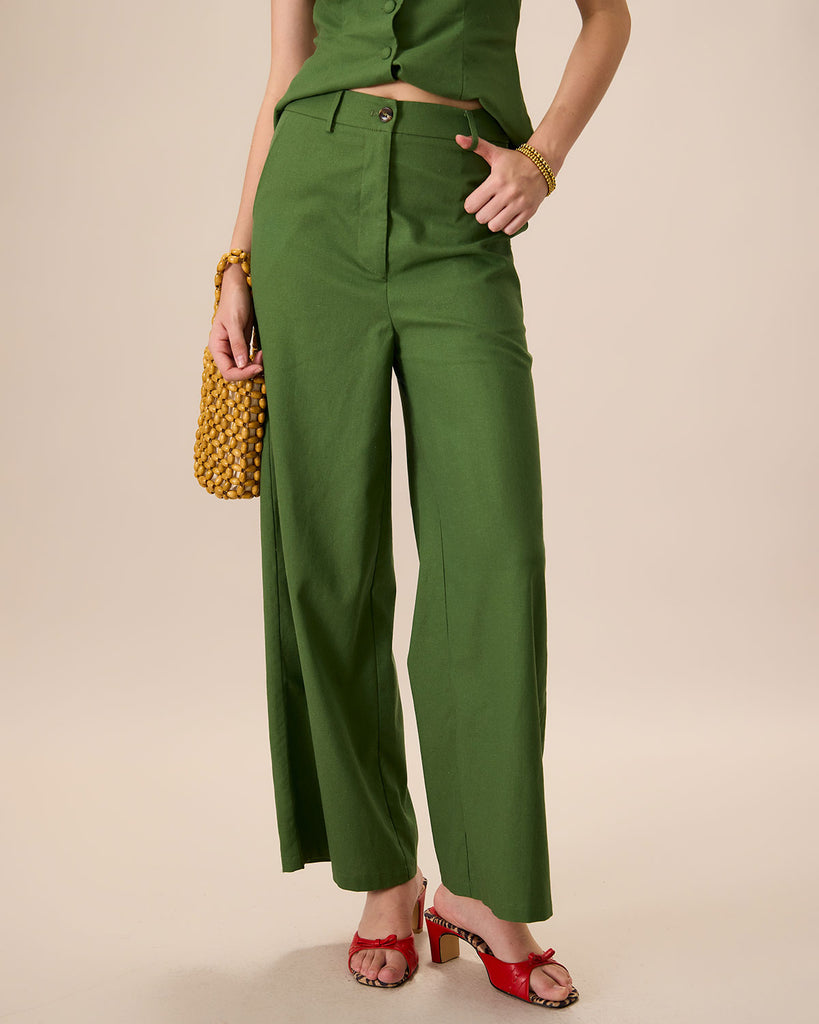 Women's Green High-Waisted Cotton Linen Wide-Leg Pants - RIHOAS