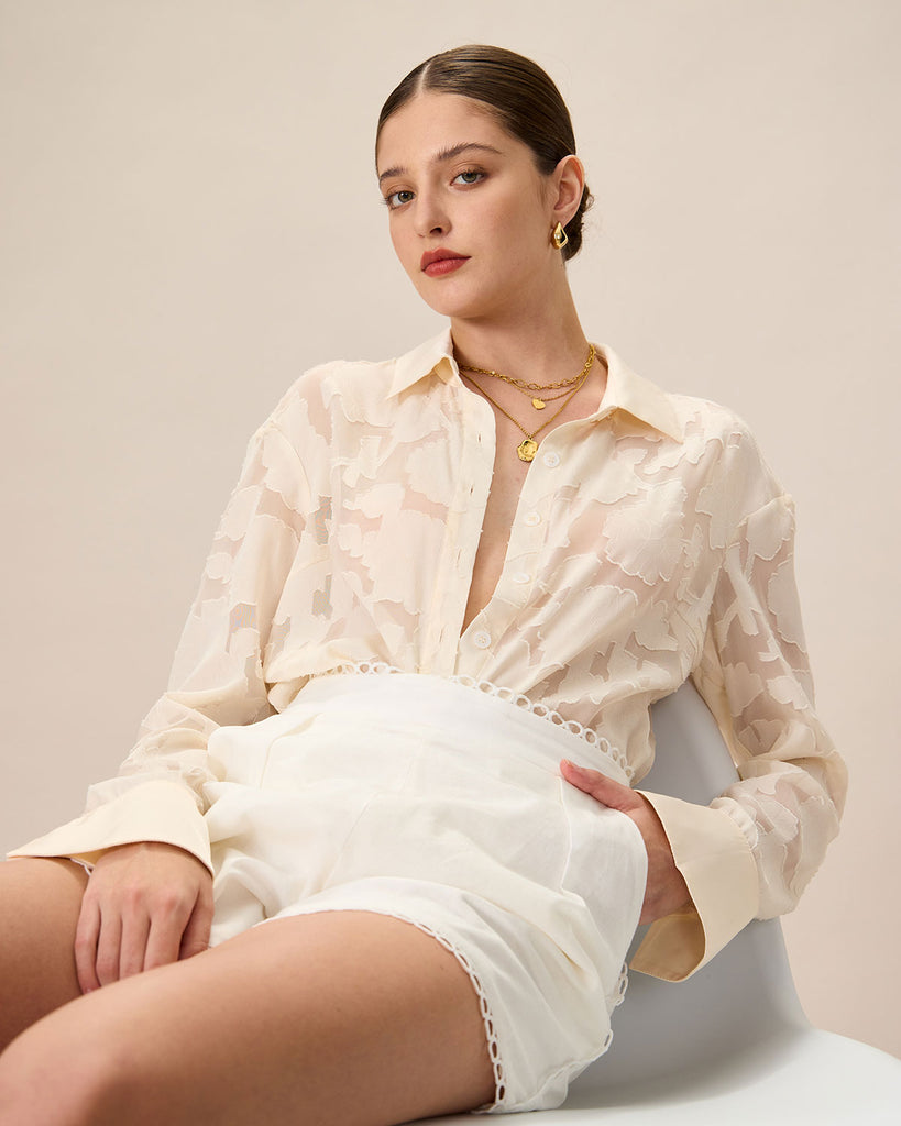 Women Woven Polyester Blouses Apricot Tops - RIHOAS