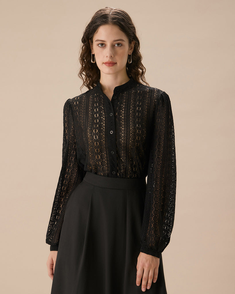 Women's Black Lace Lantern Sleeve Blouse