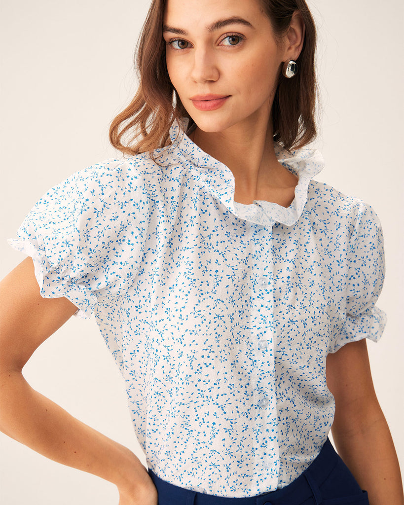 Blue Floral Puffed Sleeve Blouse