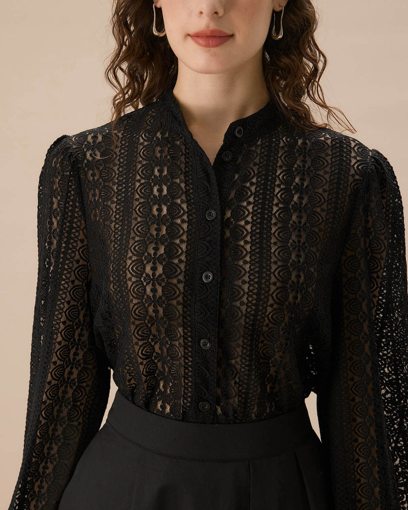 Women's Black Lace Lantern Sleeve Blouse