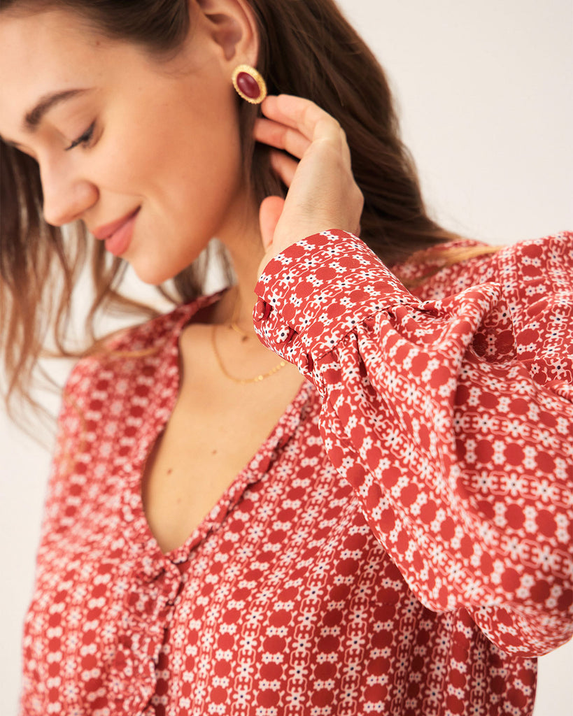 Red Floral V Neck Blouse