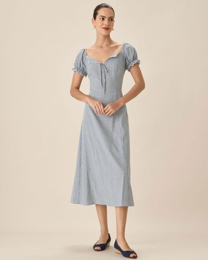 Blue Plaid Sweetheart Neck Midi Dress