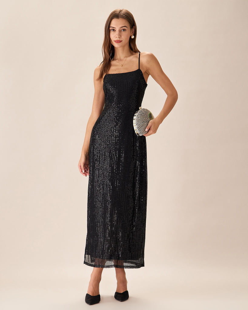 Black Sequin Bodycon Slit Maxi Dress