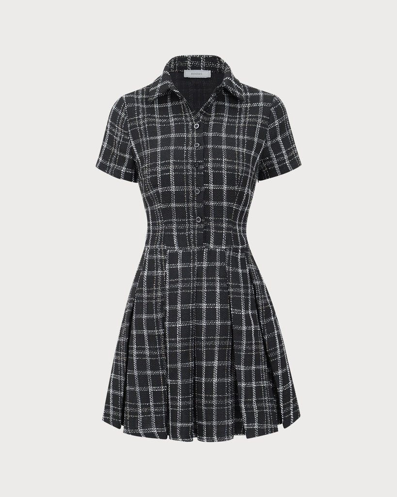 Black Plaid Tweed Mini Dress