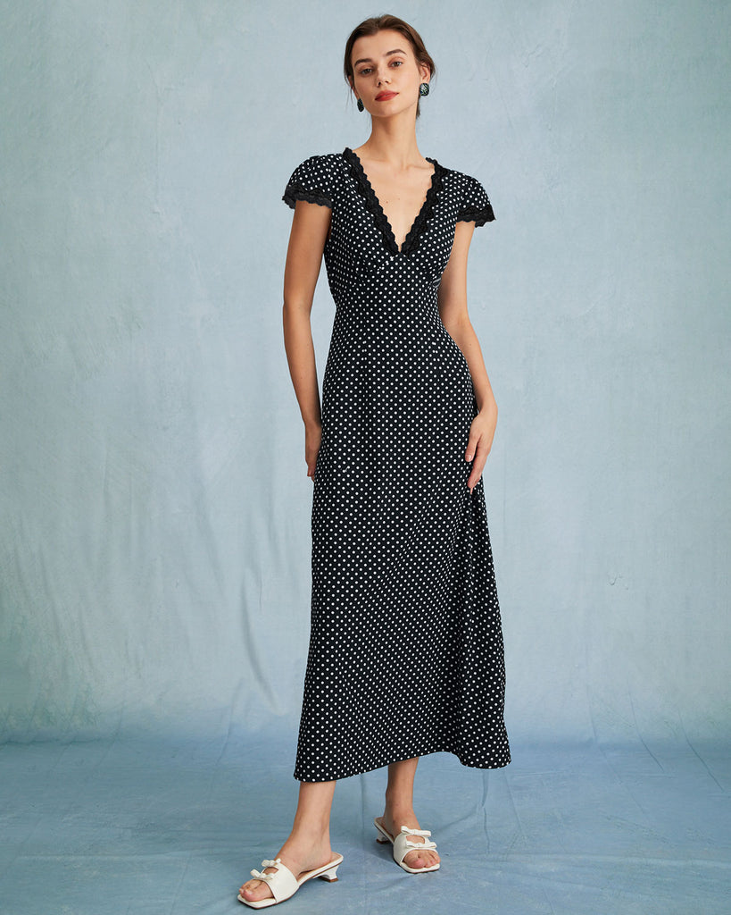 Black Polka Dot V Neck Maxi Dress