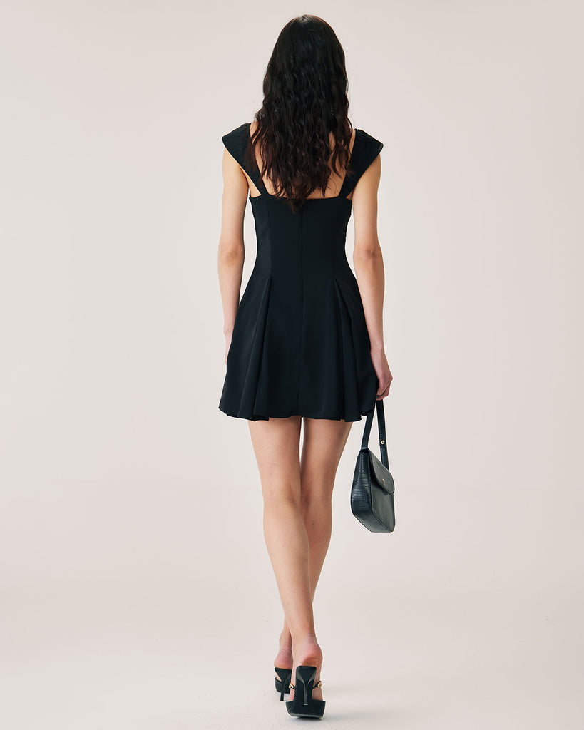 Black Square Neck Pleated Mini Dress