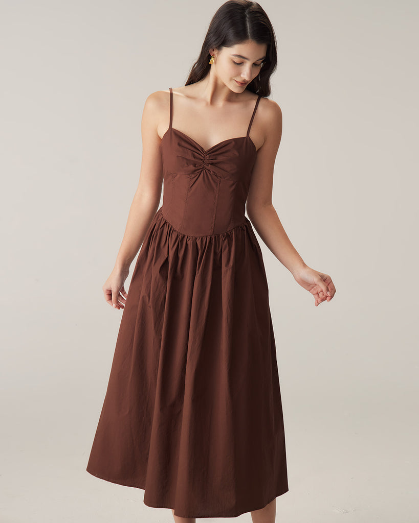 Brown Sweetheart Neck Slip Midi Dress