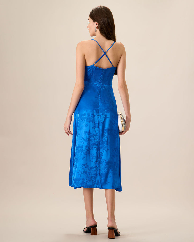 Women's Blue Cowl Neck Jacquard Slip Midi Dress - RIHOAS