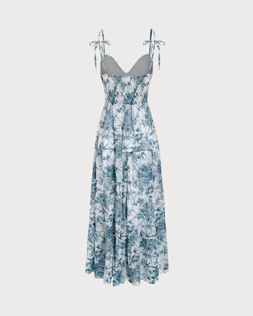 Blue Floral Tie Strap Midi Dress