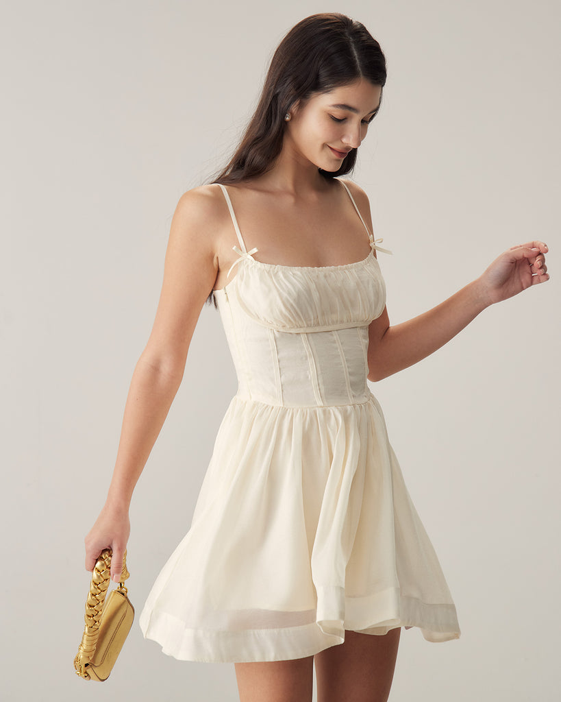 Beige Ruched Slip Mini Dress