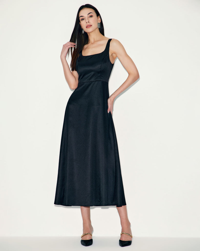 Black Satin A-Line Slip Maxi Dress