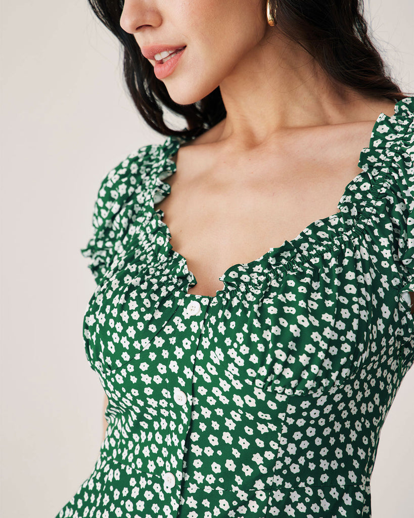 Green Floral Sweetheart Neck Mini Dress