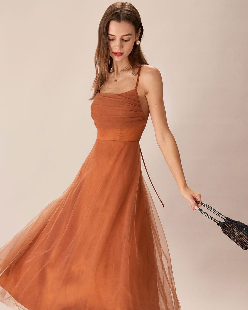 Caramel Mesh Flowy Slip Midi Dress