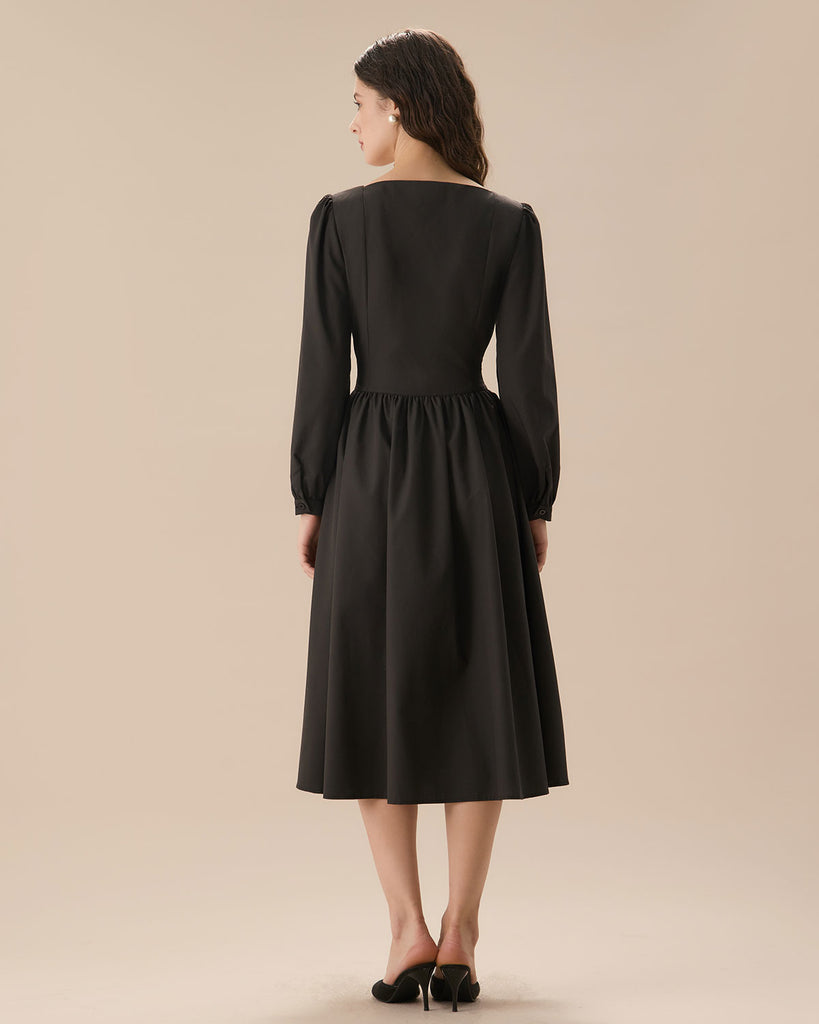 Women's Black Square Neck Puffed Sleeve Midi Dress