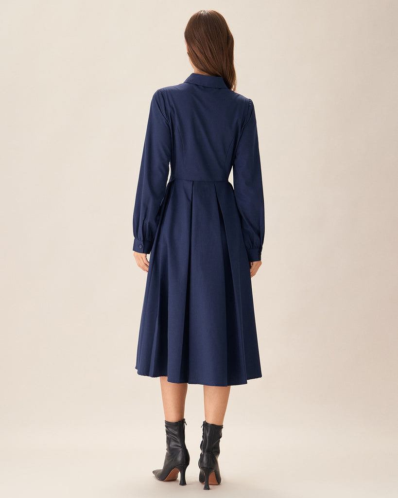 Navy Pleated Button Midi Dress