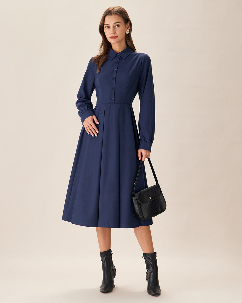 Navy Pleated Button Midi Dress