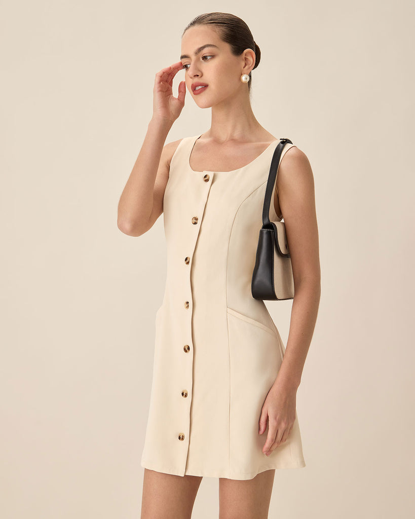 Beige U Neck Button Mini Dress