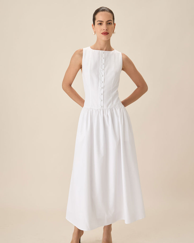 White Round Neck Pocket Maxi Dress