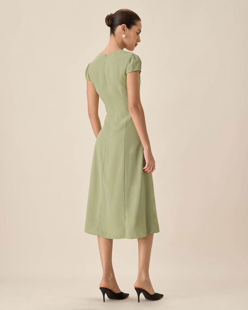 Green V-Neck Button Midi Dress