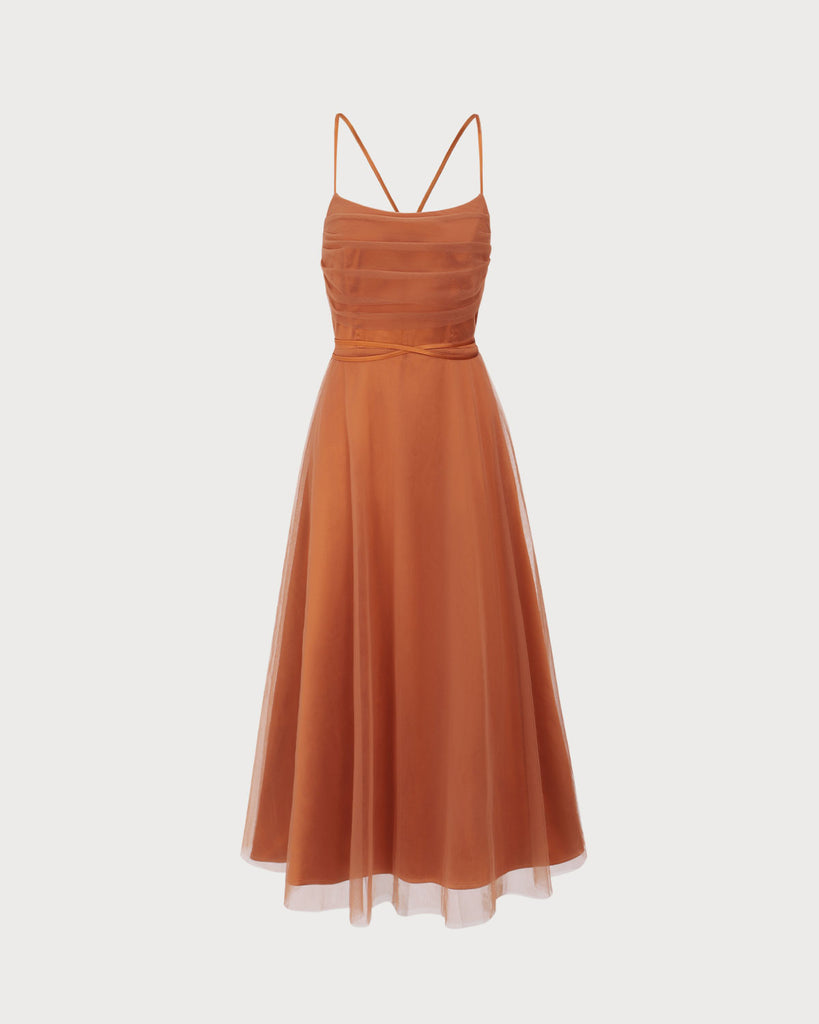 Caramel Mesh Flowy Slip Midi Dress