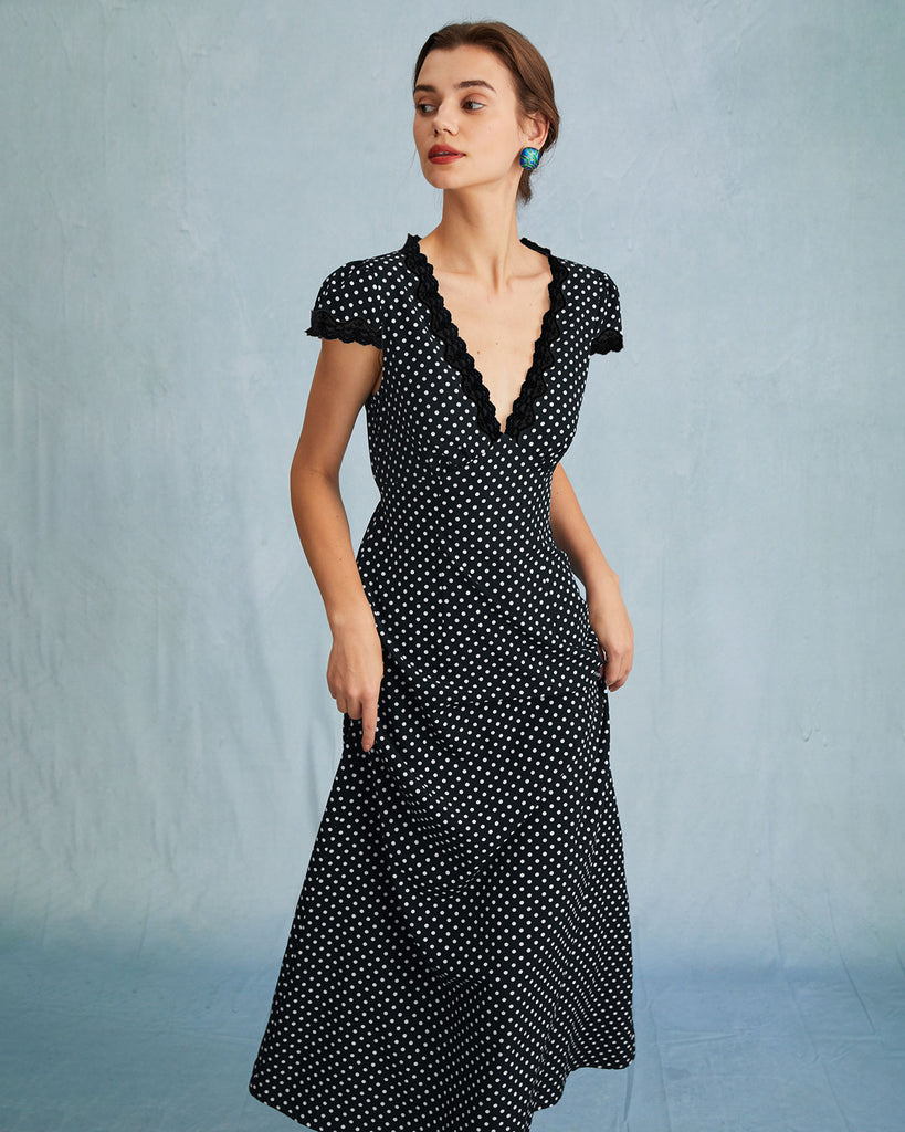 Black Polka Dot V Neck Maxi Dress