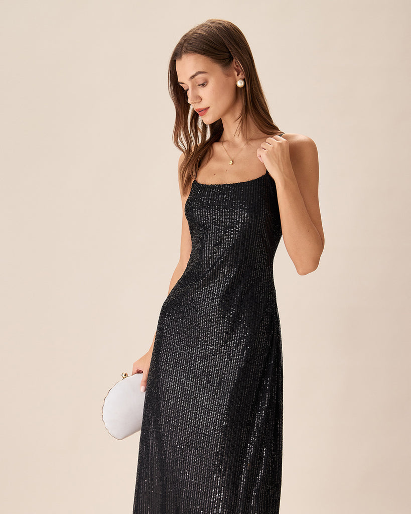 Black Sequin Bodycon Slit Maxi Dress