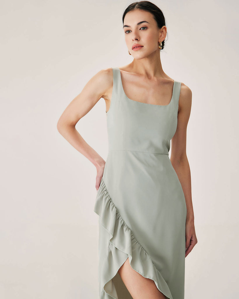 Green Ruffle Slit Slip Maxi Dress