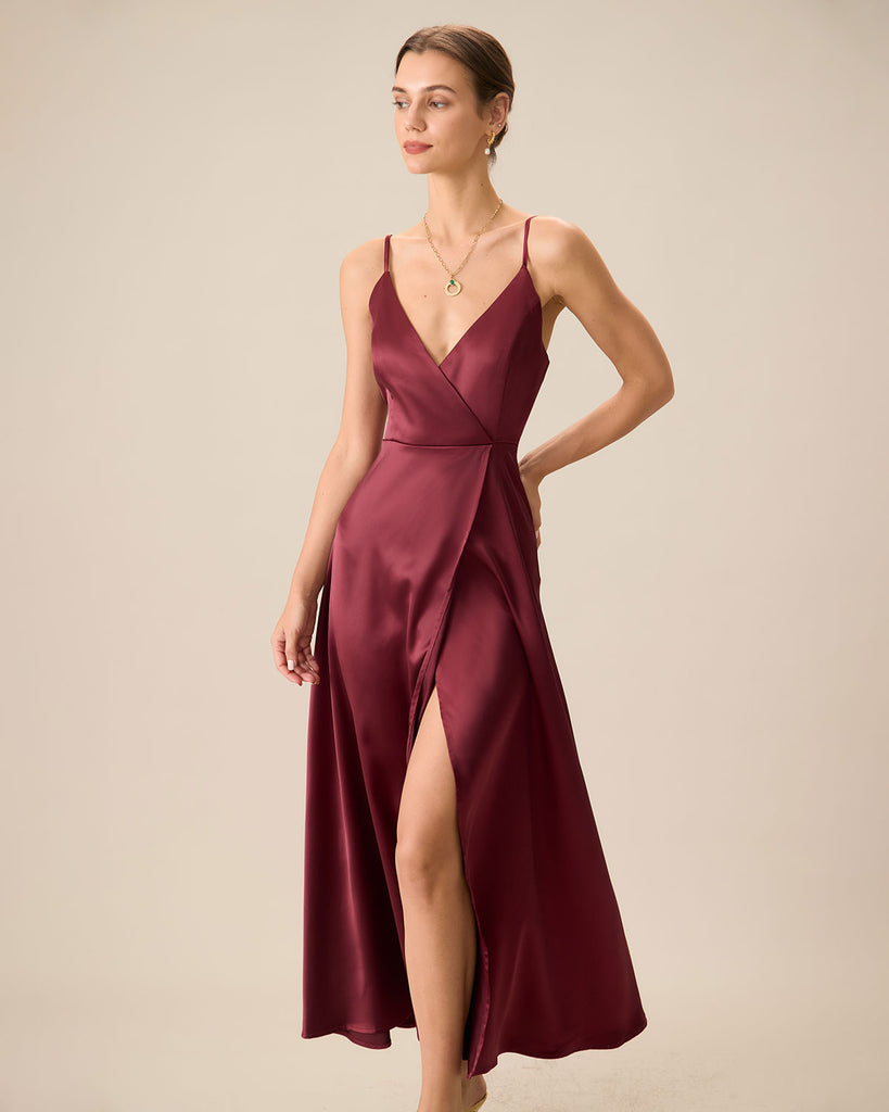 Women's Red Satin Slit Maxi Dress